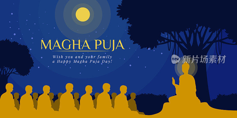Magha puja day banner with Nightly scenery The Buddha giving a discourse on the full moon night vector design